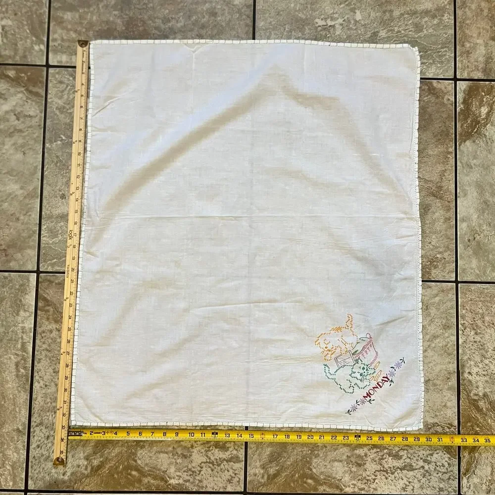 Vintage Embroidered Cat Day Towels Set Monday Wednesday Kitchen Linen 33x29.5